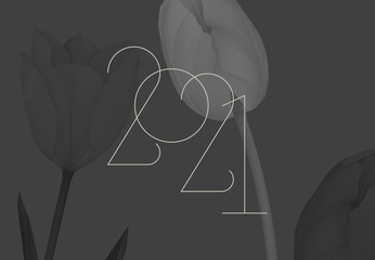 New Year banner template design, 2021 on dark grey tulips background