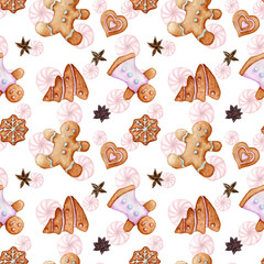 Gingerbread and cinnamon watercolor Christmas pattern on white background