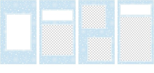 Vector editable stories templates, set of posts for social media, blue color. Cute doodle bulls or cows, symbol of 2021 year, and snowflakes. Isolated on white background