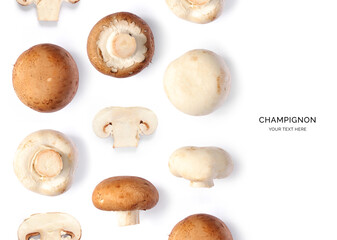 Creative layout made of champignon on the white background. Flat lay. Food concept.
