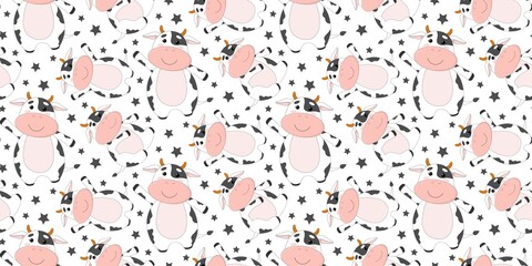Vector seamless pattern. Cute cartoon bull or cow, symbol of 2021 year. Backdrop or wrapping paper concept, isolated on white background