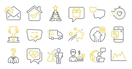 Set of Business icons, such as Business growth, Timer, Yummy smile symbols. Medical drugs, Wish list, Speech bubble signs. Truck delivery, Hiring employees, Phone repair. Receive mail. Vector