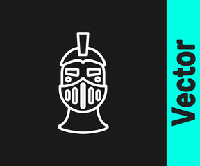 White line Medieval iron helmet for head protection icon isolated on black background. Vector.