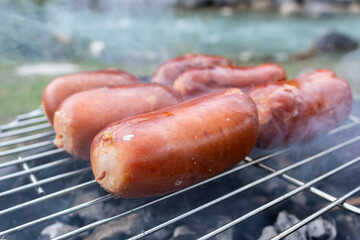 Close up barbecue grill with meat and sausages cooking during summer garden party