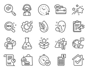 Technology icons set. Included icon as Calculator, New products, 24 hours signs. 24h service, Seo gear, Fast verification symbols. Chemistry lab, Search text, Organic product. Support. Vector