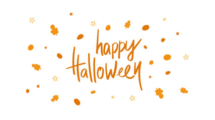 Happy Halloween handwritten lettering phrase isolated on white background. Banner with abstract shapes, stars and leaves. Vector october holiday illustration. Autumn concept.