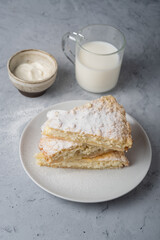 Homemade rustic pie with cottage cheese and milk   on a gray backgroun