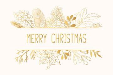 Merry Christmas golden border with gold lettering, holly, mistletoe, coniferous, pine, fir branches. Holiday banner for greeting cards. Vector isolated festive flourish background for xmas designs.