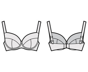 Bra full support lingerie technical fashion illustration with full adjustable straps, hook-and-eye closure. Flat brassiere template front, back grey color style. Women men unisex underwear CAD mockup