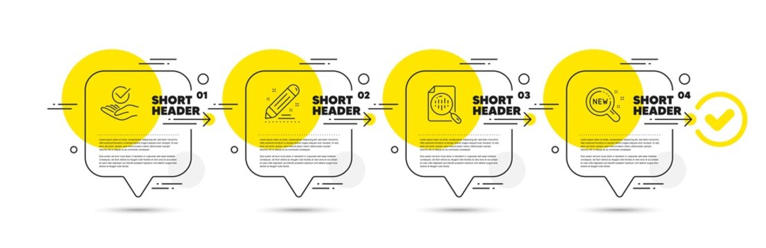 Brand contract, Analytics chart and Approved line icons set. Timeline infograph speech bubble. New products sign. Edit report, Report analysis, Verified symbol. Search. Technology set. Vector