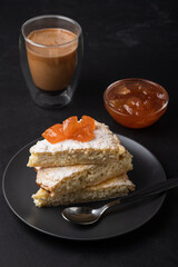 Appetizing cottage cheese pie with apple jam and coffee. Tasty and healthy, delicious, homemade.