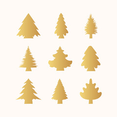 Set of golden Christmas trees silhouettes. Vector isolated gold icon collection of evergreen spruce fir decor.