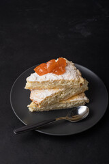 Homemade curd dessert in plate with apple jam. Healthy breakfast for the whole family