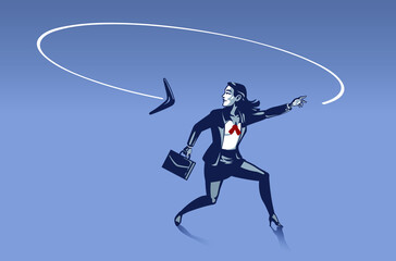Business Woman Surprised as Boomerang He Throws Goes back to Him from Behind . Business Illustration Concept of Consequences and Karma behind Every Step We Make - obrazy, fototapety, plakaty