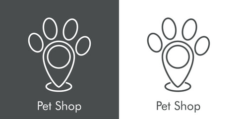 Tienda de mascotas. Logotipo lineal pisada de perro en puntero en fondo gris y fondo blanco