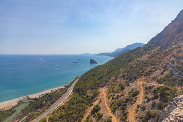 Fototapeta na wymiar View from top on mountains along sea coast near Antalya, View from Tunektepe Cable car in Turkey