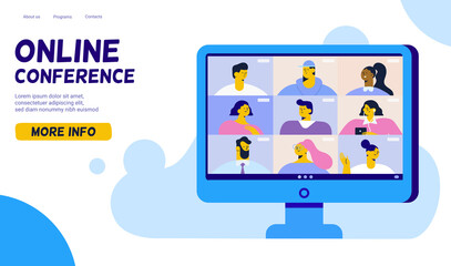 Working from home. Monitor screen. Group of people talking by internet. Conference video call. Coronavirus, quarantine isolation. Stream, web chatting, online meeting friends fla