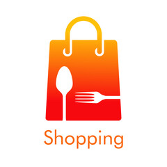 Símbolo de tienda en línea. Logotipo con texto Shopping con bolsa de la compra con tenedor y cuchara en color naranja