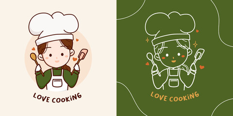 Lovely cute chef girl with wooden spoon and silicone spatula logo elements. Hand drawn vector illustration.