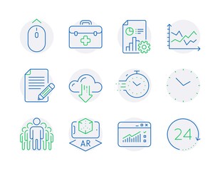 Science icons set. Included icon as Augmented reality, Diagram chart, Article signs. Web traffic, Cloud download, First aid symbols. Group, Report, Time. Timer, Swipe up, 24 hours. Vector