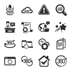 Set of Science icons, such as Time management, Recovery devices, Full rotation symbols. Data analysis, Document attachment, Recovery internet signs. 360 degree, 360 degrees, Gluten free. Vector