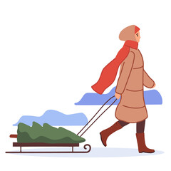 Happy woman carrying christmas tree. Girl in winter clothes ride on sleigh with Christmas tree preparing for New Year. Pine and fir fair, market. Flat vector illustration, banner, greeting card