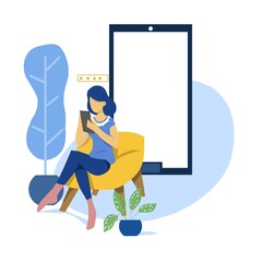 illustration of a young woman happy to shop online