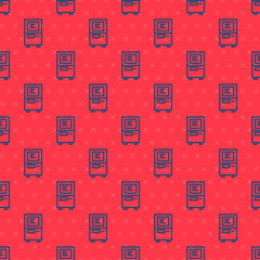 Obraz na płótnie Canvas Blue line ATM - Automated teller machine icon isolated seamless pattern on red background. Vector.