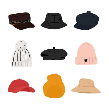 Set of modern female hats and headgears elements. Hand drawn vector illustration