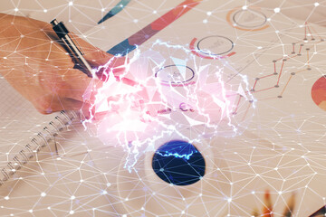 Man with multi exposure atificial intelligence brain icons.
