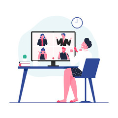 Business people celebrating victory in Video conference call group meeting. Team success hand drawn vector illustration. Remote work. Work from Home, Online webinar. Business discussion.