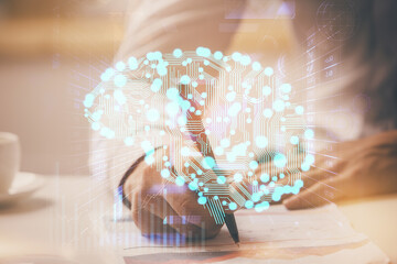 Man with multi exposure brain theme icons.
