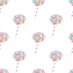 Watercolor cute balloon pattern on the light background. Bright kids illustration with isolated elements.