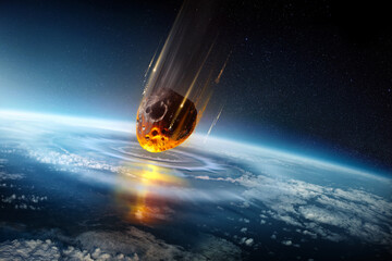A huge city sized meteor slams into the earth's atmosphere creating shock waves. Mass extinction event 3D science illustration. - obrazy, fototapety, plakaty