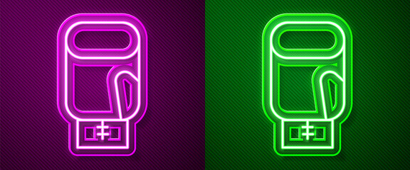 Glowing neon line Boxing glove icon isolated on purple and green background. Vector.