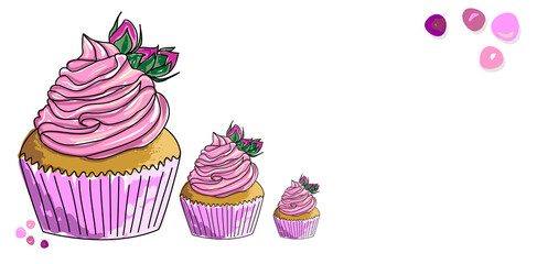 Vector image of a cupcake with butter cream and flower buds on top. A hand-drawn digital sketch of a cake. Postcard for a wedding or party with a place for invitation or congratulations.