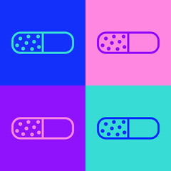 Pop art line Vitamin complex of pill capsule icon isolated on color background. Healthy lifestyle. Vector.