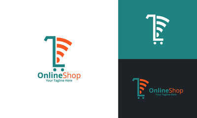 Online Shop Logo designs Template. Illustration vector graphic of shopping cart, and wifi icon combination logo design concept. Perfect for Ecommerce, sale, discount or store web element.