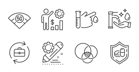 Fototapeta premium Employees wealth, Washing hands and Medical tablet line icons set. 5g wifi, Human resources and Project edit signs. Euler diagram, Blood donation symbols. Quality line icons. Vector