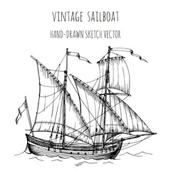 Old caravel, vintage sailboat. Hand drawn vector sketch. Detail of the old geographical maps of sea