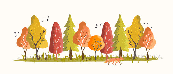 Forest woodland in autumn with colourful trees and leaves. Vector illustration.