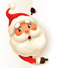 Santa Claus with big blank signboard. Wide empty space for design.