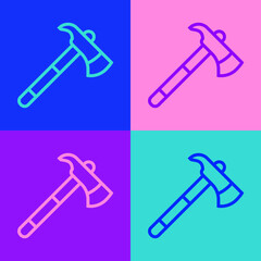 Pop art line Firefighter axe icon isolated on color background. Fire axe. Vector.