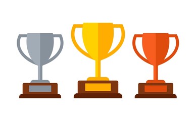 Gold, silver and bronze trophy winners cup set isolated on white background. Vector illustration