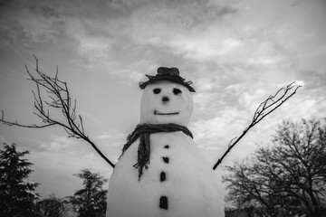 Black And white photo of snowman