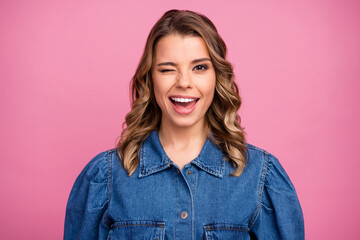 Fototapeta premium Portrait of excited girl wink wear good look outfit isolated over pink color background