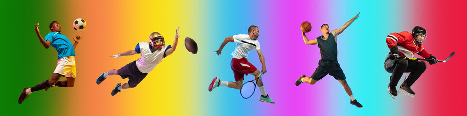 High jump. Sport collage of professional athletes on gradient multicolored neoned background, flyer. Concept of motion, action, power, target, healthy, active lifestyle. Football, basketball, hockey