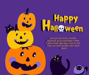 Happy Halloween Banner or Party Invitation.Purple Bright Greeting Card with Funny Cats and Orange Pumpkins.Text Handwritten.Happy Halloween Celebration Holiday Poster.Flat Festival Vector Illustration