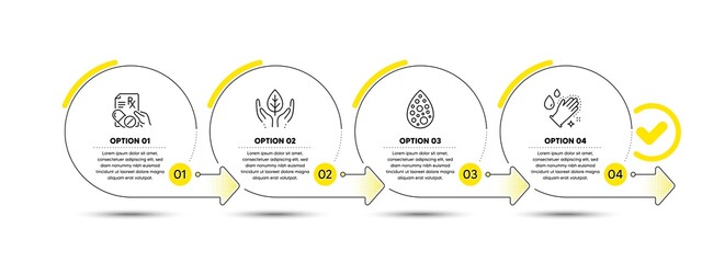 Artificial colors, Fair trade and Prescription drugs line icons set. Timeline process infograph. Washing hands sign. Natural flavor, Safe nature, Pills. Gloves. Healthcare set. Vector