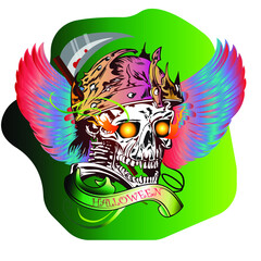 Original vector illustration in retro style. Skull in a bandage in neon colors
